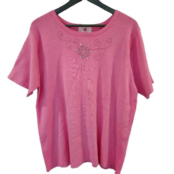 Quacker Factory Sweater Pink Sz XL Embellished‎ Beaded Rhinestones - Picture 1 of 10